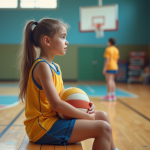 Jeune fille sportive assise sur un banc de gym regardant l'entraînement
