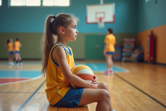 Jeune fille sportive assise sur un banc de gym regardant l'entraînement