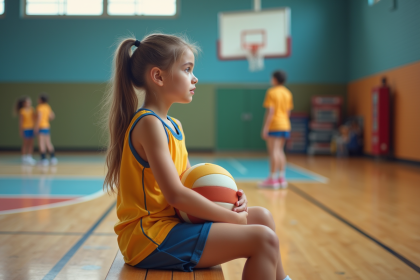 Jeune fille sportive assise sur un banc de gym regardant l'entraînement