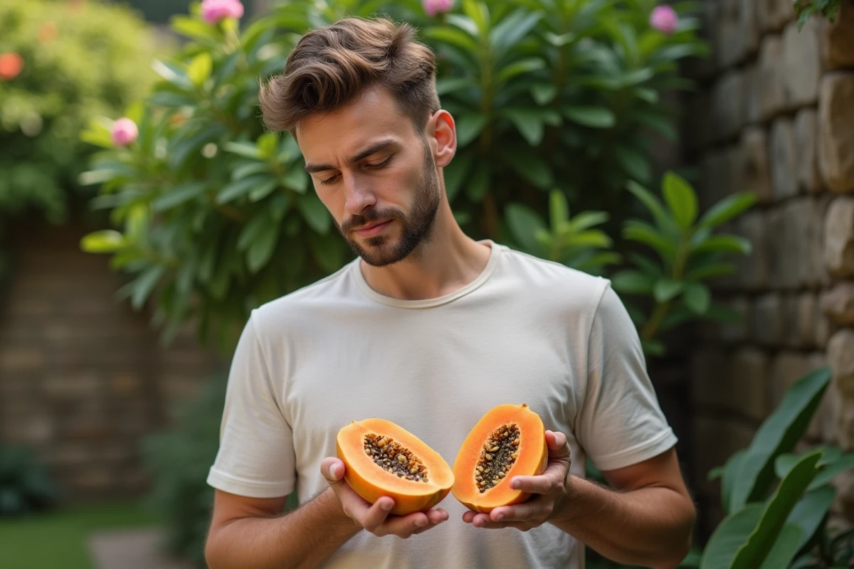 Jeune homme regardant une papaye dans le jardin