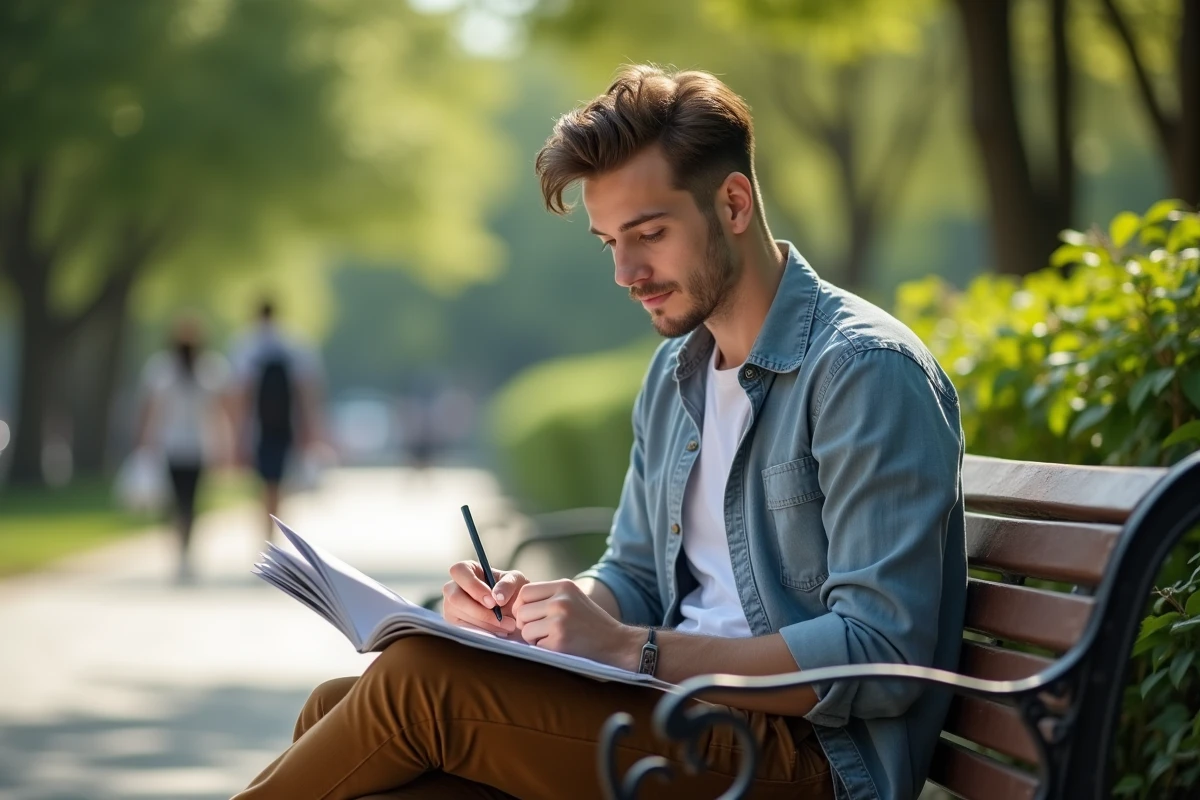 Jeune homme lisant un magazine dans un parc