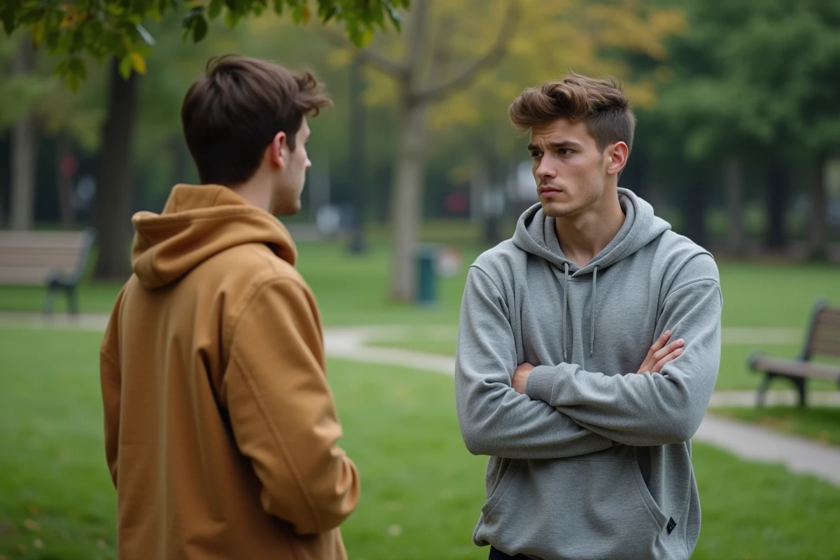 Jeune homme dans un parc en discussion avec un ami
