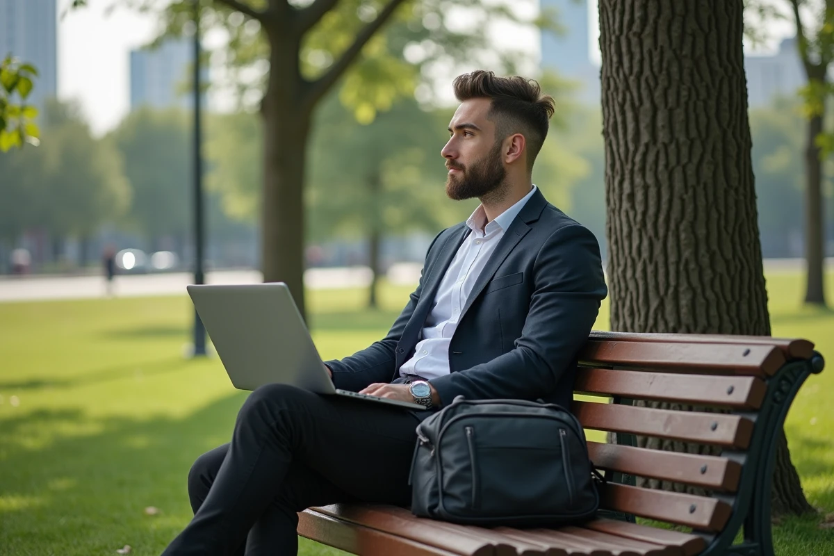 Jeune homme en ville assis sur un banc avec un ordinateur