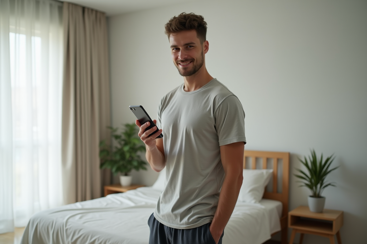 Jeune homme utilisant une application de suivi de poids sur son smartphone