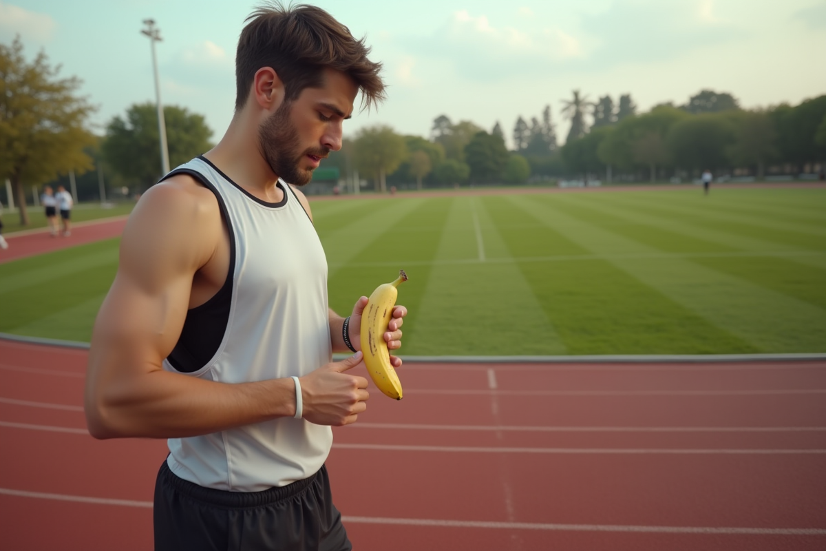 Jeune homme joggeur tenant une banane au parc