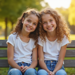 Jumeaux adolescents souriants assis sur un banc en plein soleil