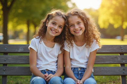 Jumeaux adolescents souriants assis sur un banc en plein soleil
