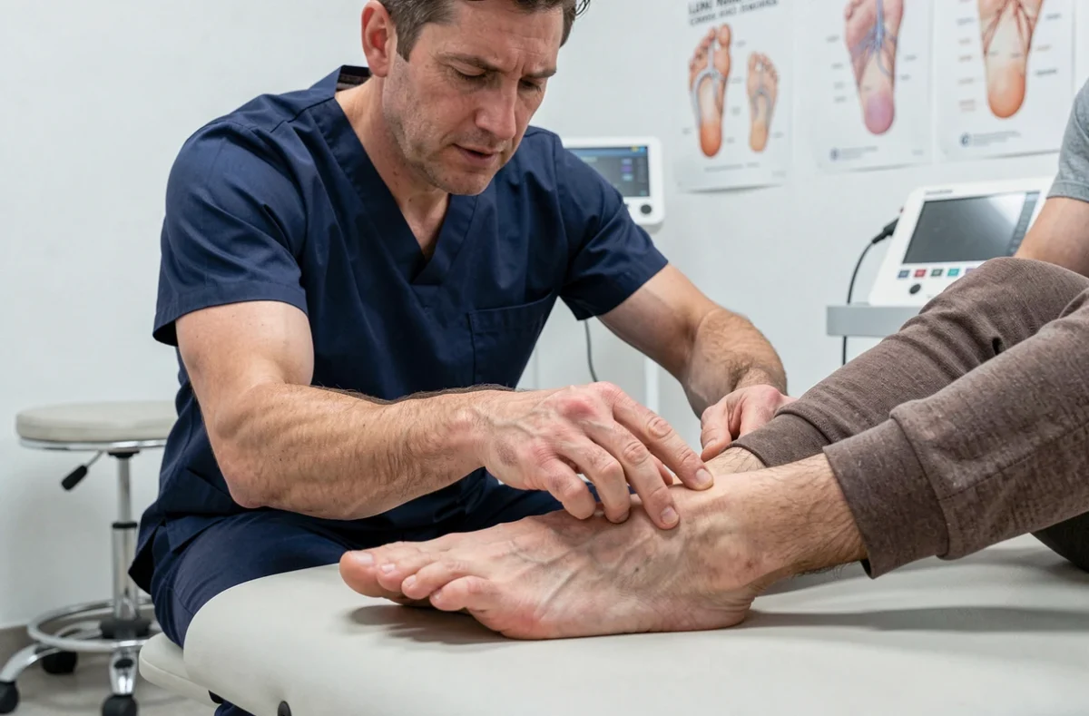 Kinésithérapeute examinant le talon d'un patient souffrant d'épine calcanéenne en cabinet de rééducation