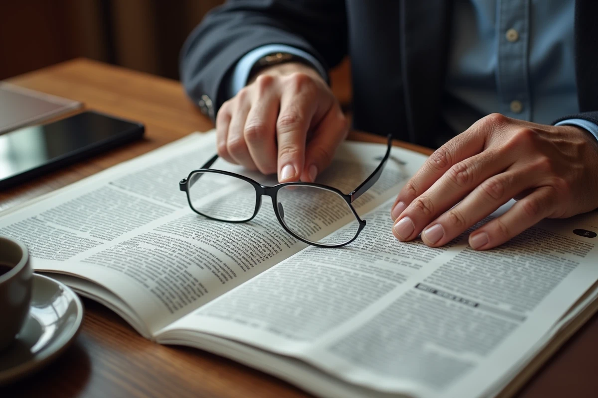 Gros plan sur des mains d'un homme lisant un journal, symbolisant la lecture critique et la vérification des faits autour des rumeurs sur la santé d'Alain Bauer