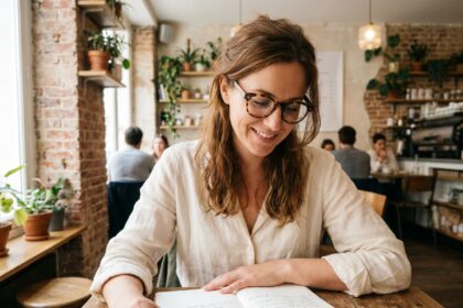 Femme élégante portant des lunettes en acétate écaille dans un café parisien, illustrant les lunettes comme accessoire de mode quotidien