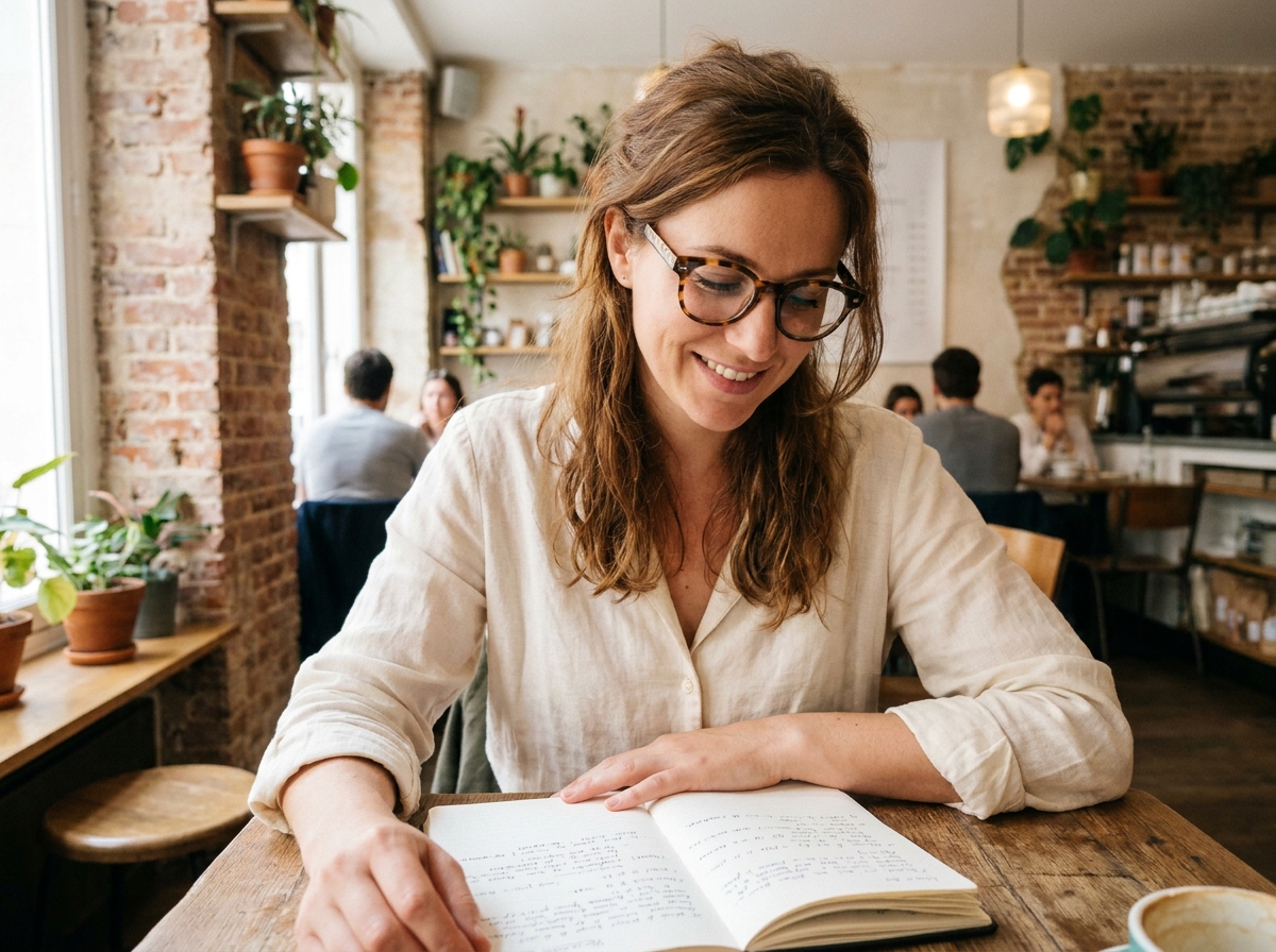 Femme élégante portant des lunettes en acétate écaille dans un café parisien, illustrant les lunettes comme accessoire de mode quotidien