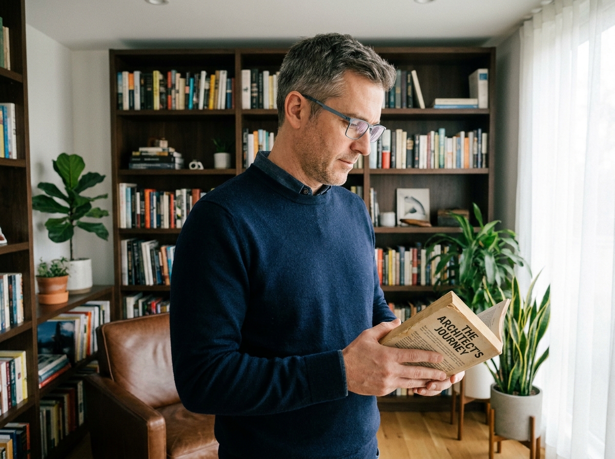 Homme dans la quarantaine portant des lunettes en métal slim dans une bibliothèque moderne, symbolisant le style et la fonctionnalité des lunettes au quotidien