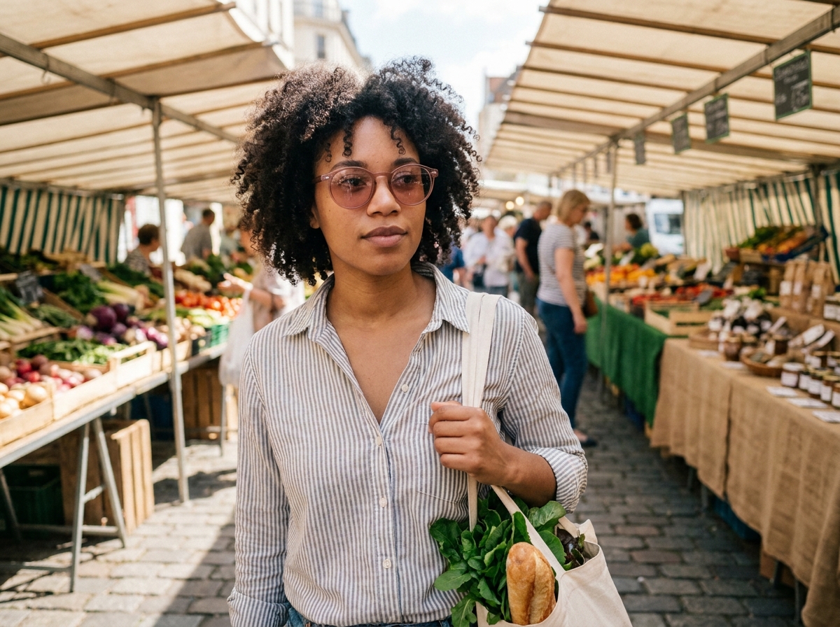 Jeune femme portant des lunettes rondes en acétate rose au marché en plein air, mettant en valeur les lunettes comme accessoire tendance du quotidien