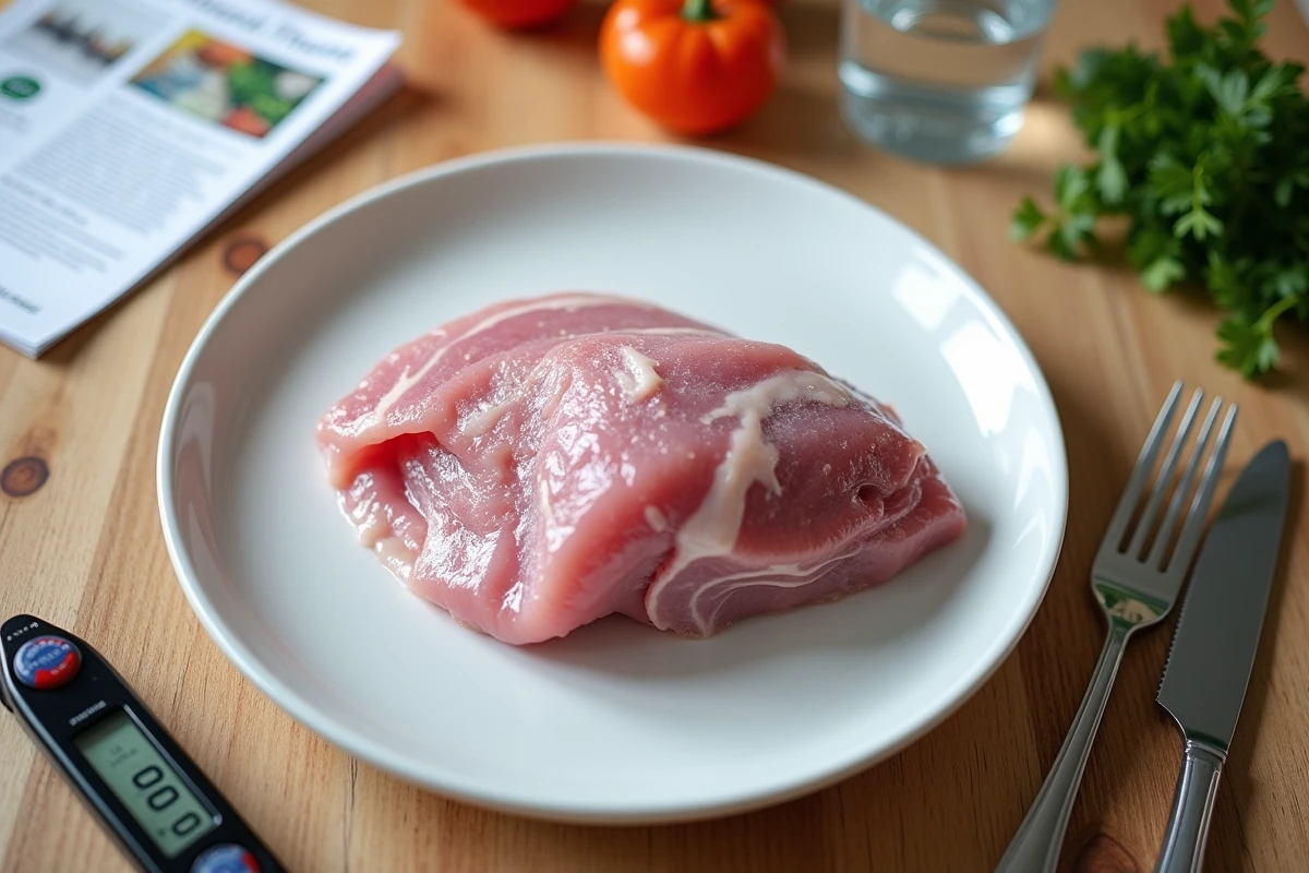 Magret de canard cru décongelé sur une assiette blanche avec thermomètre alimentaire