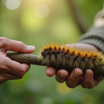 Main d'une personne âgée examinant un arbre avec des chenilles processionnaires