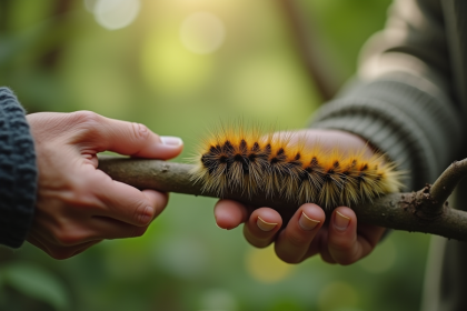Main d'une personne âgée examinant un arbre avec des chenilles processionnaires