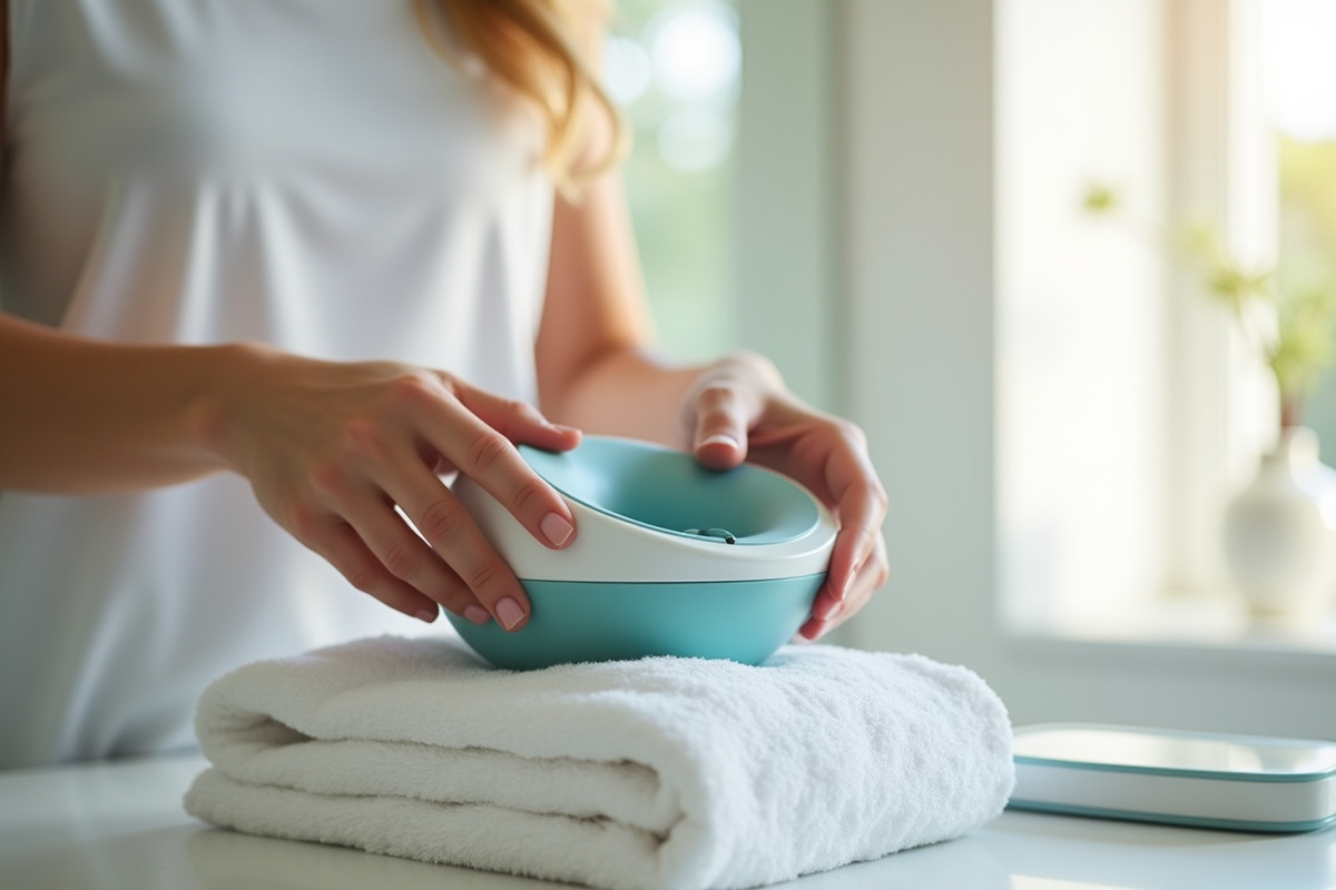 Mains tenant un masseur dorsal portable dans une salle de bain lumineuse
