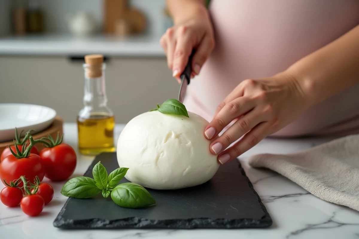 Mains de femme enceinte préparant une mozzarella di bufala sur une ardoise avec tomates et basilic