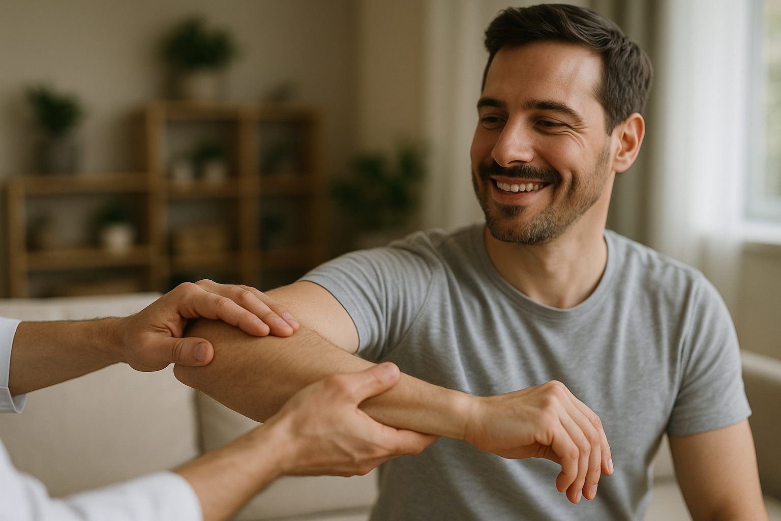 Mains effectuant un test musculaire sur un homme souriant