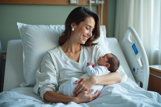 Jeune maman souriante avec son bébé dans une maternité