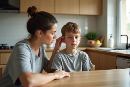 Mère et enfant assis à la table de cuisine avec expressions préoccupées
