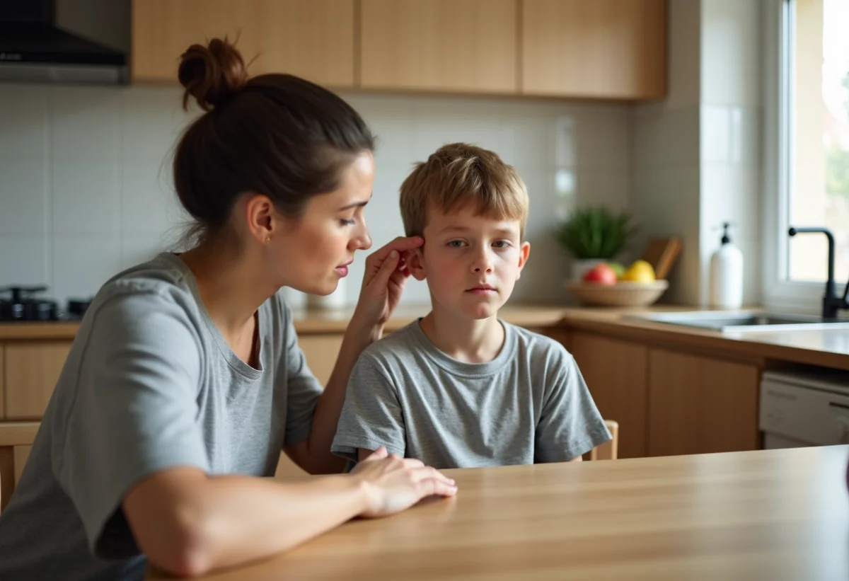 Mère et enfant assis à la table de cuisine avec expressions préoccupées