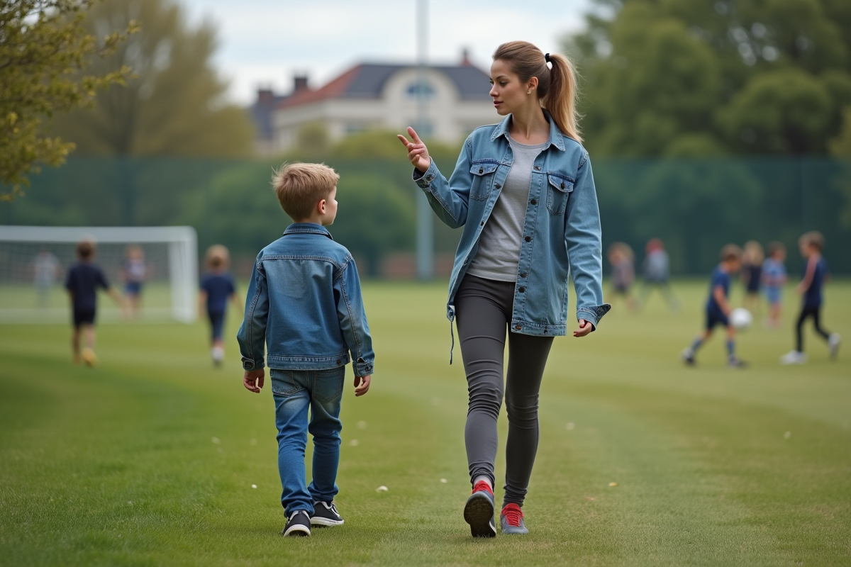 Maman et son fils regardant un terrain de football en extérieur