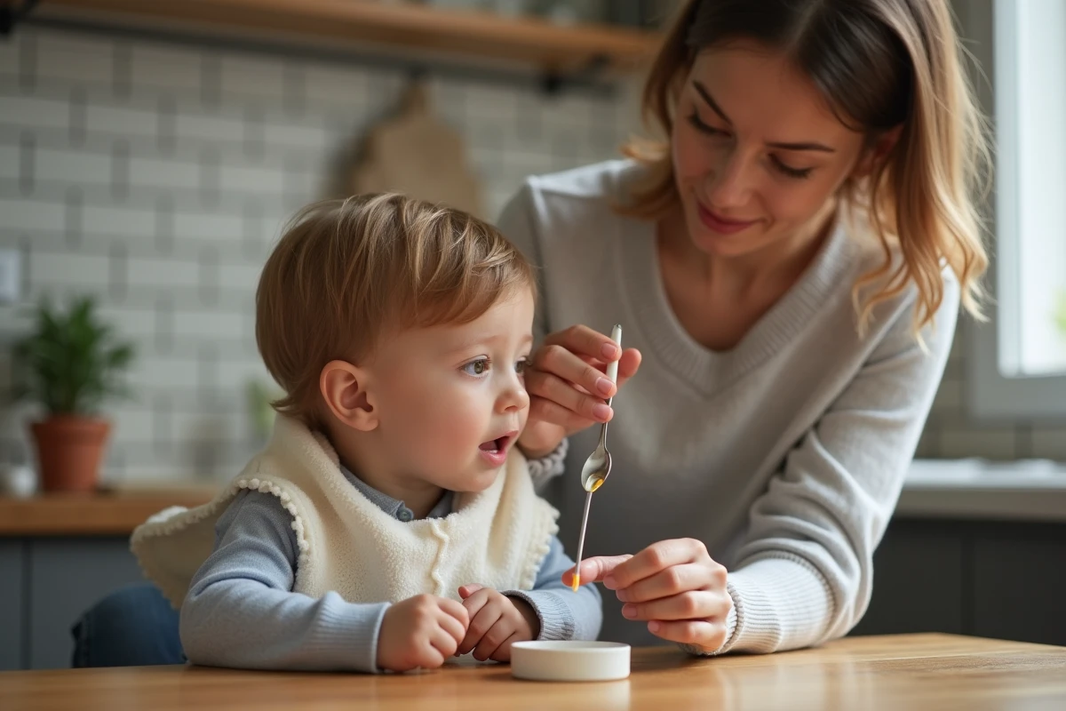 Maman dose des gouttes pour son enfant dans la cuisine