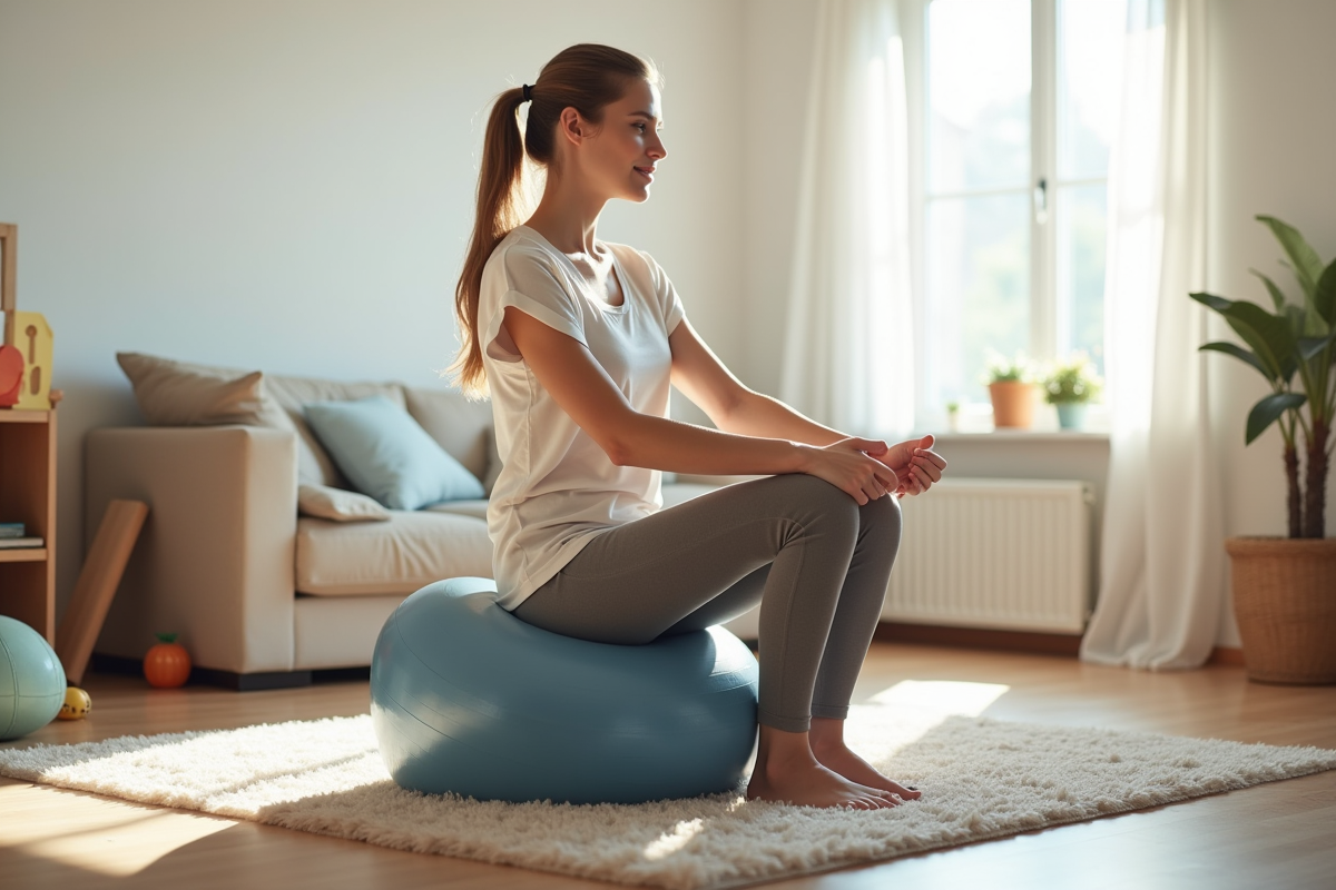 Maman assise sur ballon d exercice dans le salon