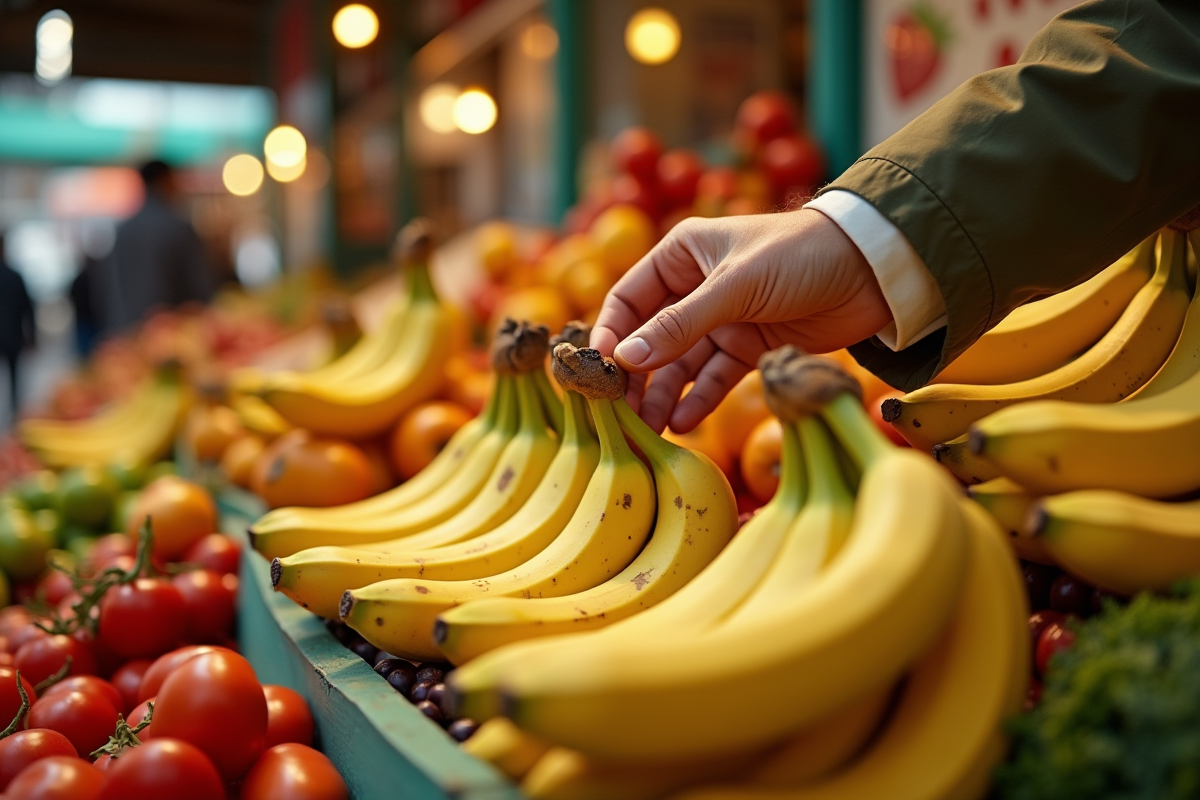 Main choisissant une banane dans un marché coloré de fruits