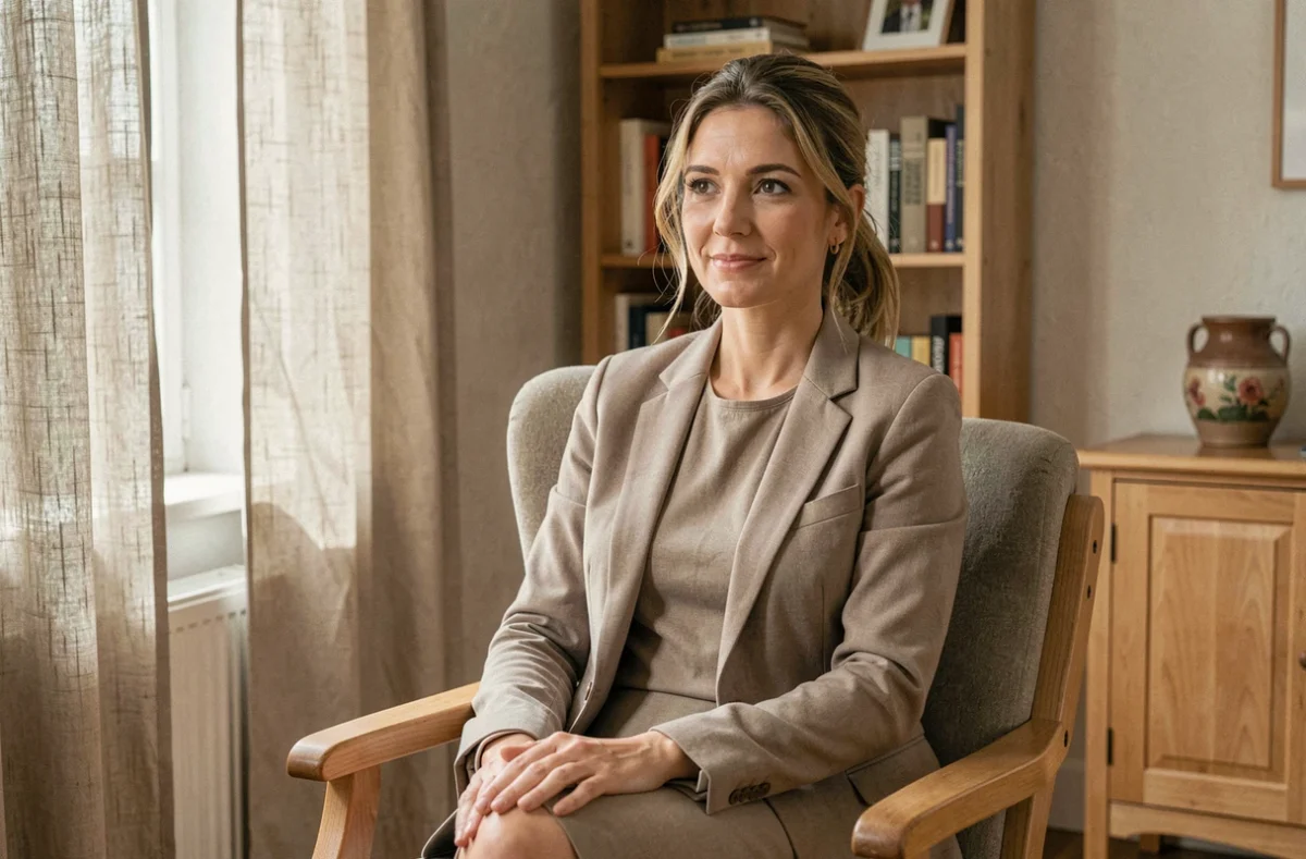 Marie Richard, psychologue clinicienne à Seiches-sur-le-Loir, assise dans son cabinet avec une expression chaleureuse et professionnelle