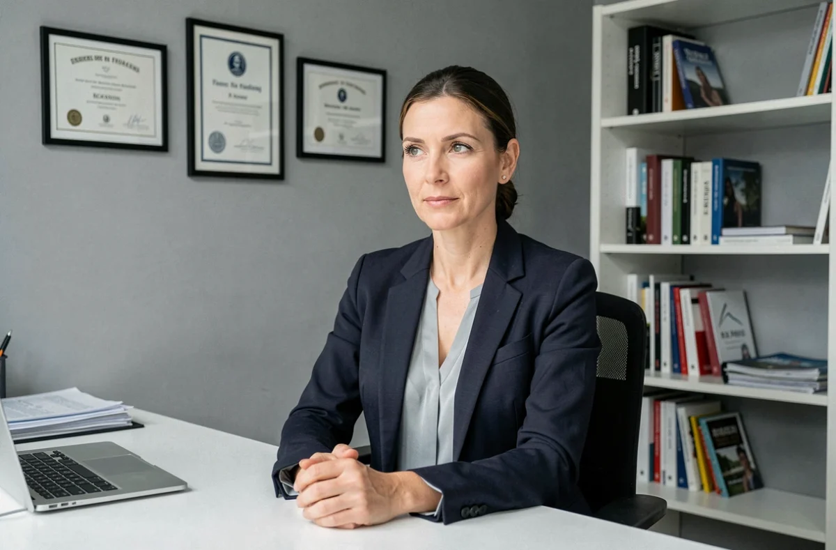 Marina Perin, psychologue clinicienne au Mans, assise à son bureau avec une expression professionnelle et concentrée