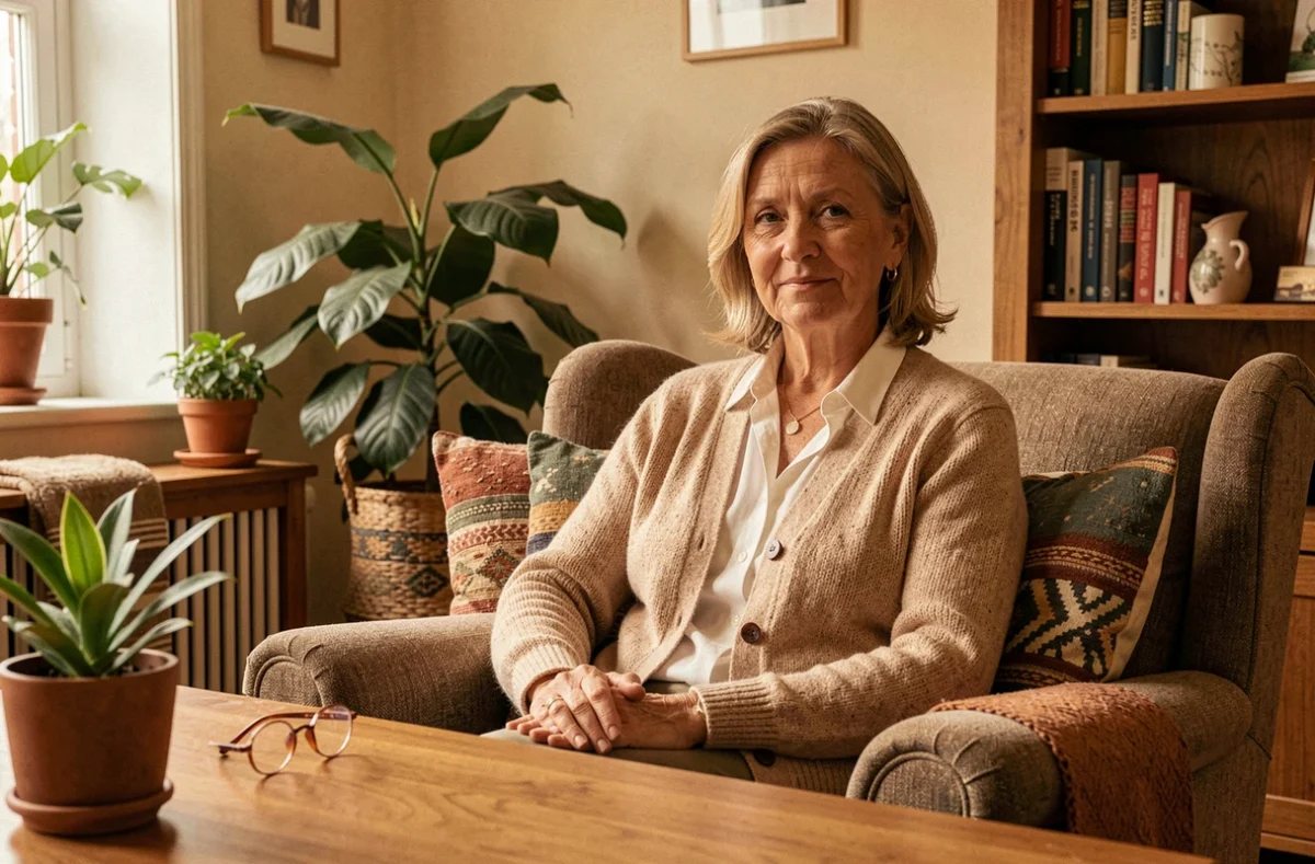 Marylène Pouvreau-Bourdet, praticienne en psychologie et psychothérapie à Nantes, assise dans un fauteuil dans son cabinet chaleureux