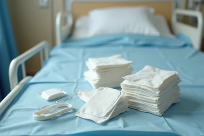 Matériel de soins pour escarre disposé sur un plateau stérile en milieu hospitalier