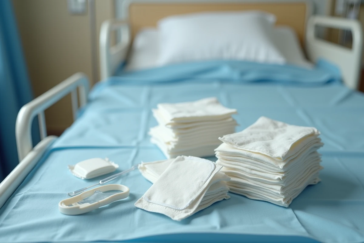 Matériel de soins pour escarre disposé sur un plateau stérile en milieu hospitalier