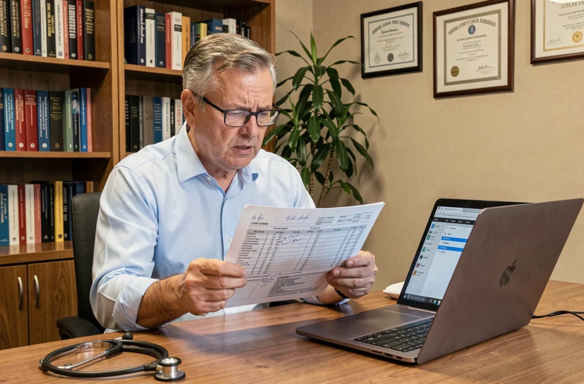 Médecin analysant un bilan lipidique imprimé avec des résultats anormaux lors d'une consultation médicale