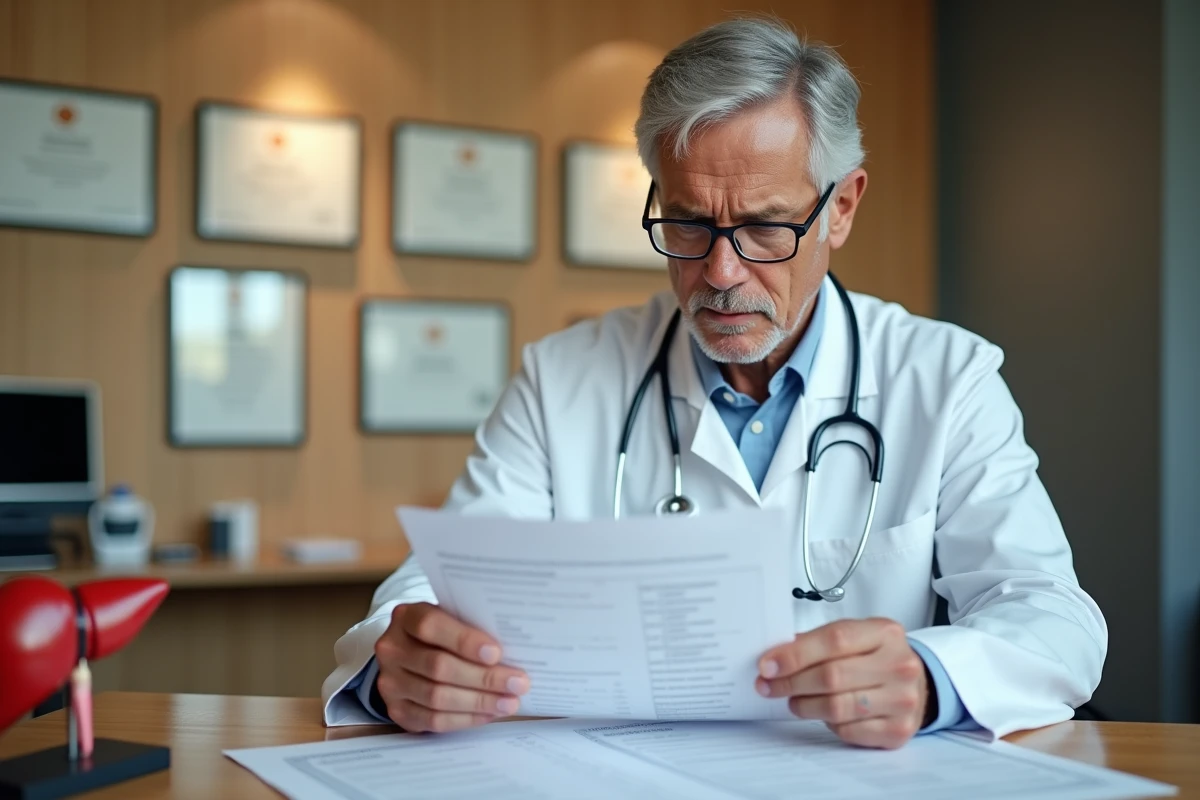Médecin analysant des résultats d'analyse sanguine avec les taux de transaminases SGOT sur son bureau