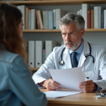 Médecin en consultation avec une jeune femme dans un cabinet