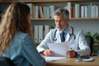 Médecin en consultation avec une jeune femme dans un cabinet