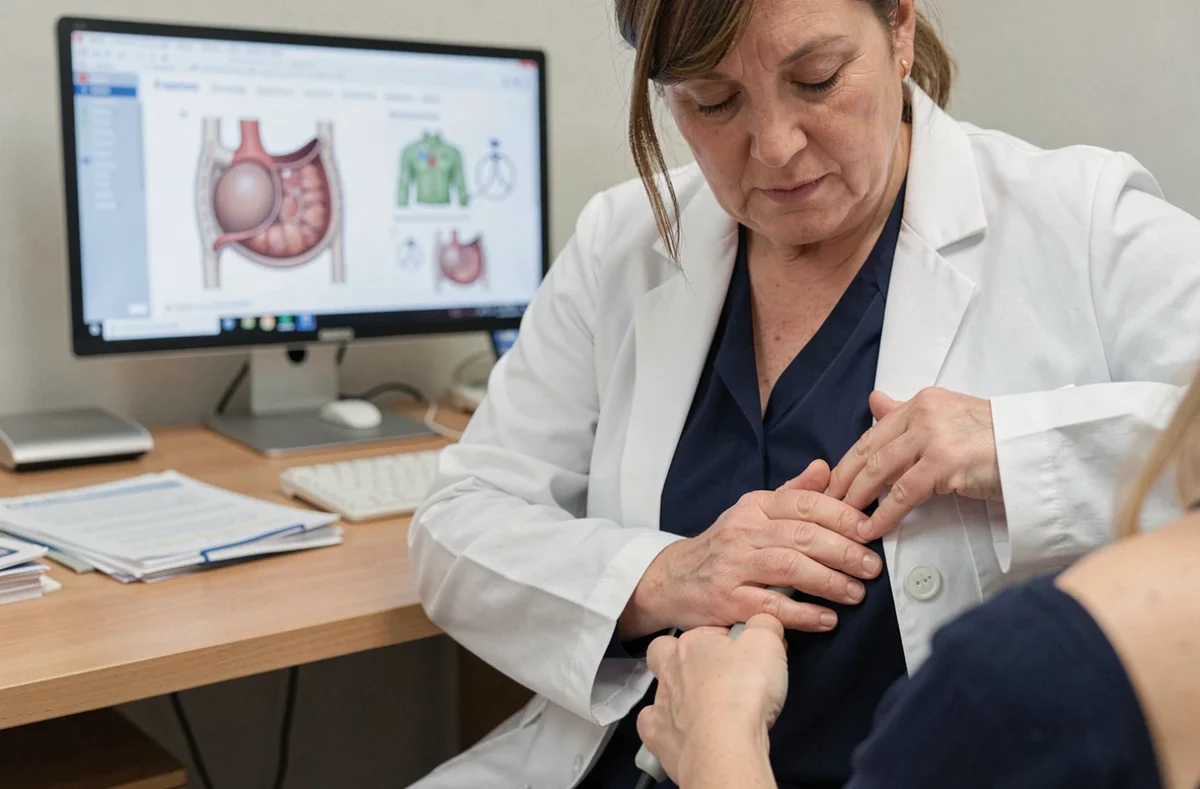 Médecin examinant la zone sous les côtes droites d'une patiente pour diagnostiquer une douleur abdominale haute