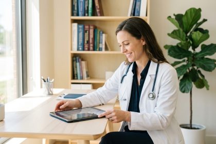Médecin femme souriante dans son bureau moderne