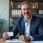 Médecin homme souriant avec badge dans un cabinet médical