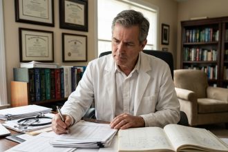 Médecin homme en réflexion dans son bureau à domicile