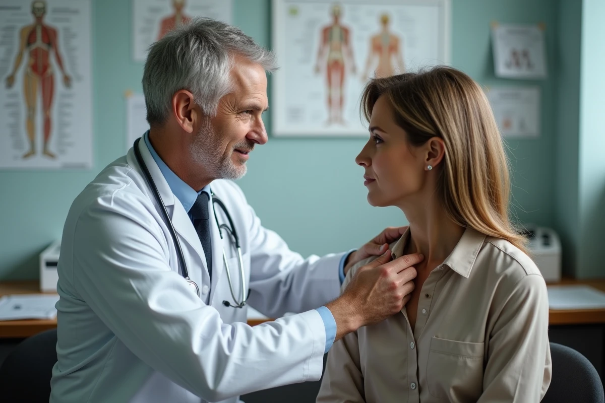 Médecin palpant un ganglion cervical gauche lors d'une consultation médicale