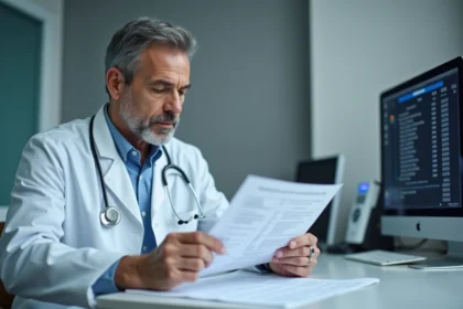 Médecin examinant des résultats d'analyses hépatiques incluant les gamma GT dans un cabinet médical moderne