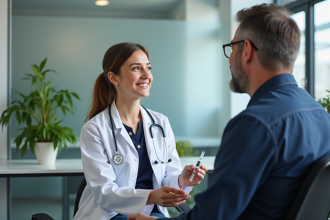 Jeune femme medecin tenant un vaccin et rassurant un patient