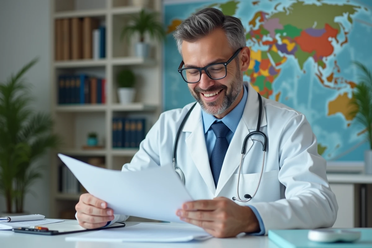 Jeune medecin en blouse blanche examine brochures de vaccination voyage