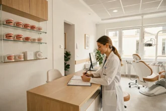 Vue d'ensemble d'un cabinet d'orthodontie moderne en Gironde avec une orthodontiste en consultation