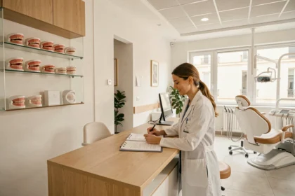 Vue d'ensemble d'un cabinet d'orthodontie moderne en Gironde avec une orthodontiste en consultation
