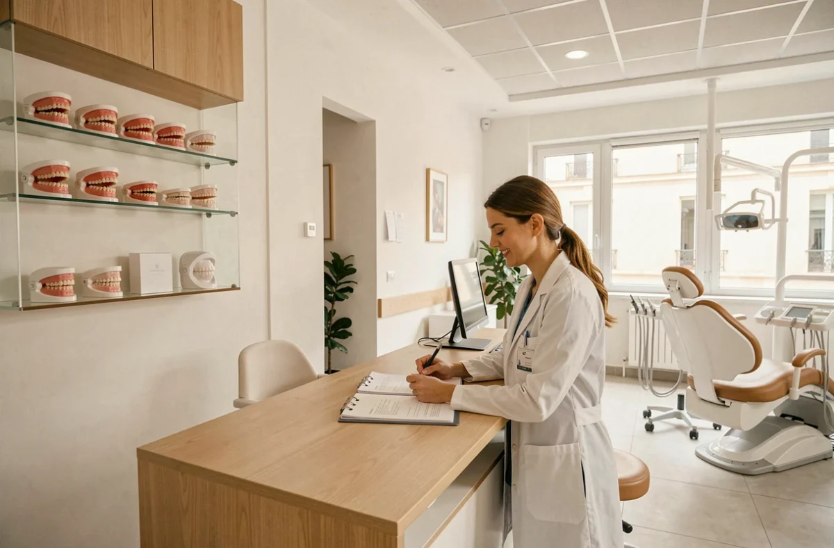 Vue d'ensemble d'un cabinet d'orthodontie moderne en Gironde avec une orthodontiste en consultation